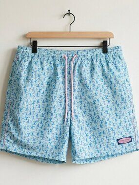 Vineyard Vines Chappy Swim Trunks Men Medium Aqua Blue Sailboat Palm Tree Print